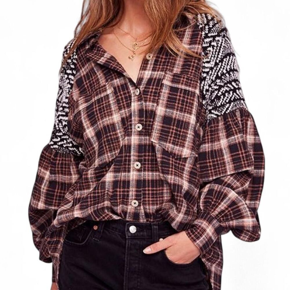 Free People Fireside Nights Boho Oversized Flannel Button Down